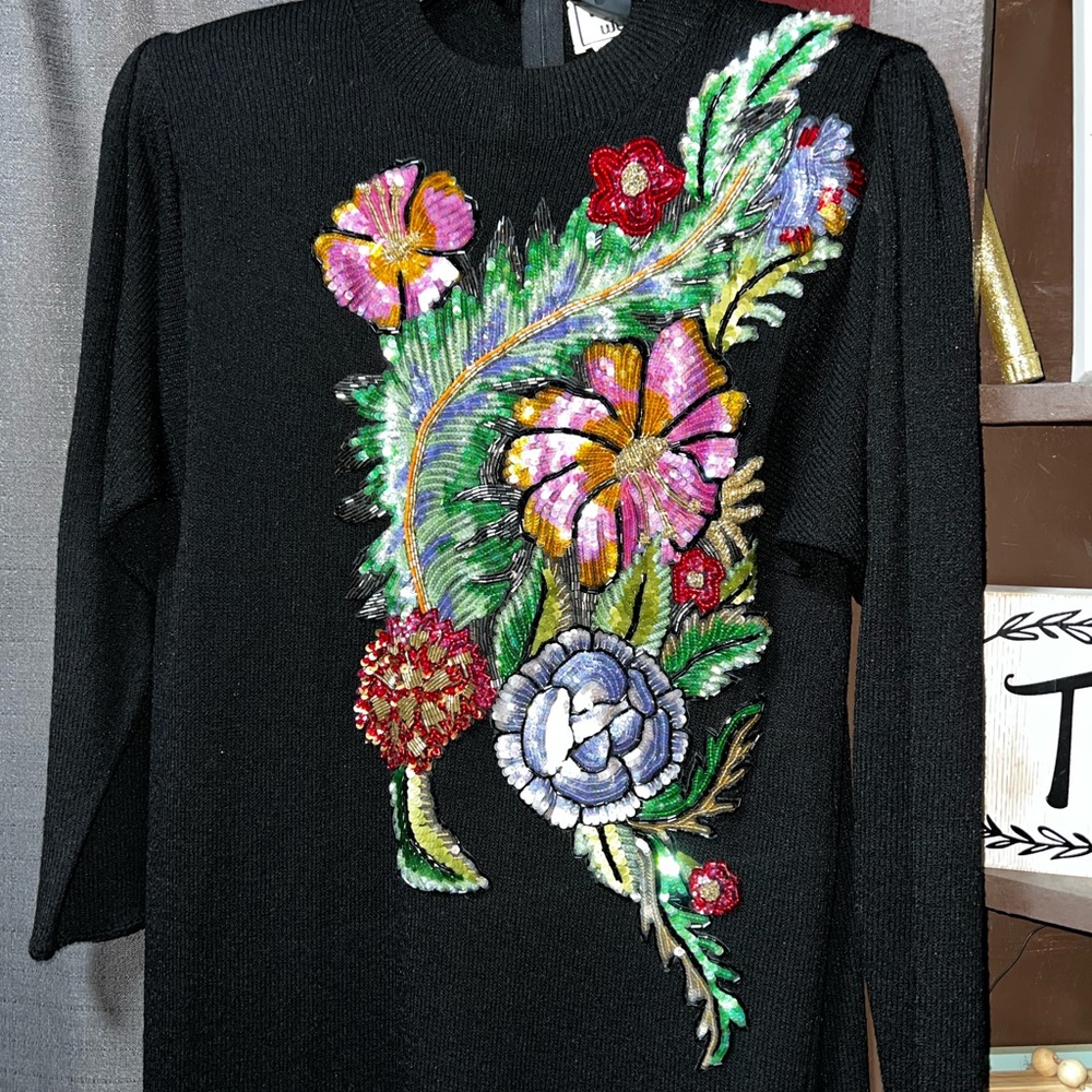 Vibrant Vintage Floral Embroidered Beaded  Long Sleeve Dress Fancy Elegant